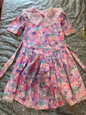 Vintage 80s Handmade Floral Lace Collar Dress Purple Cottagecore Dropped Waist
